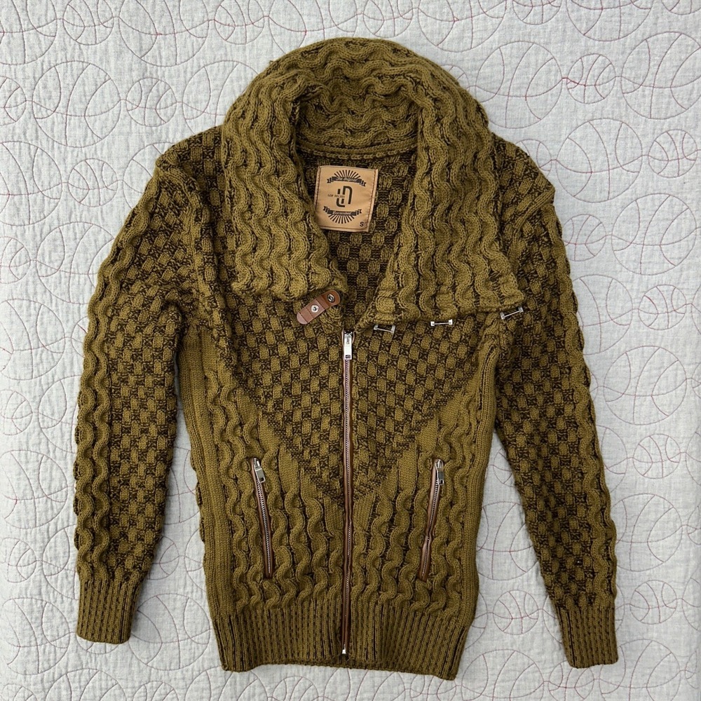 Leif Nelson Chunky Sweater Olive Green Zip Leather Buckle Shawl / Men's Small